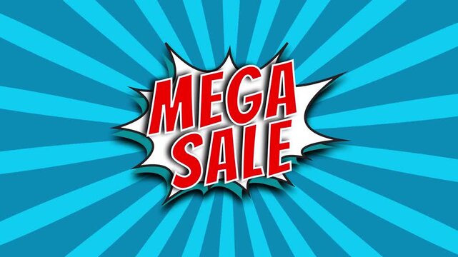 Dynamic text bubble MEGA SALE! comic pop art with vintage colorful cartoon, speech bubble text message, energetic comic book on blue and dark blue sunburst background