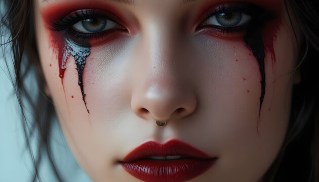 Dramatic woman's face with artistic red and black crying makeup, isolated on transparent background. created with generative ai