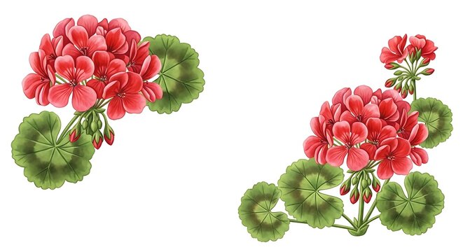 Red geranium flowers with green leaves isolated on white background
