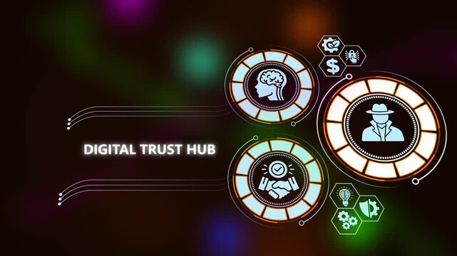 Digital trust hub concept: cybersecurity, data privacy, and identity protection infographic