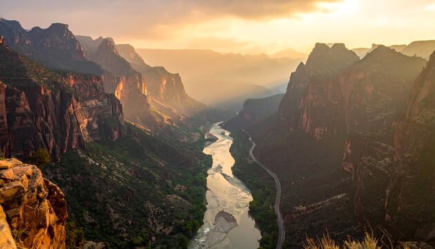 Dramatic Rocky Canyon with Winding River at Golden Sunset Viewpoint