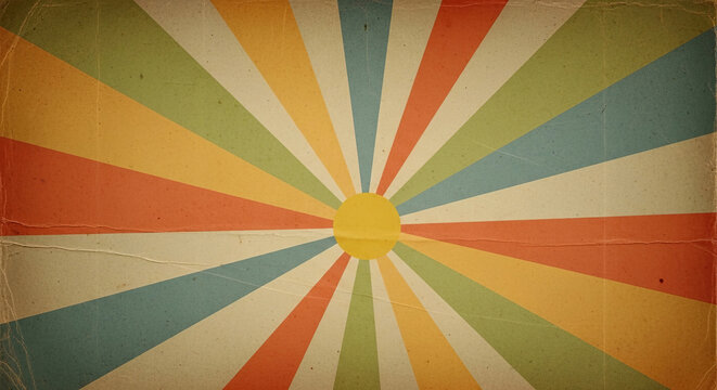 Vibrant retro sunburst with faded orange, yellow, green, and red rays faded rays