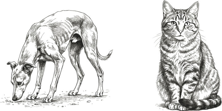 Hand drawn dog and cat engraving style illustration collection with detailed domestic animals monochrome vector artwork set