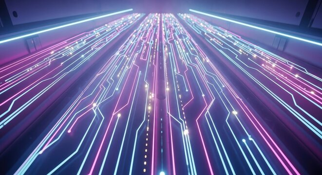 Abstract Digital Circuitry - Illuminated Lines of Data Flowing Across a Network.
