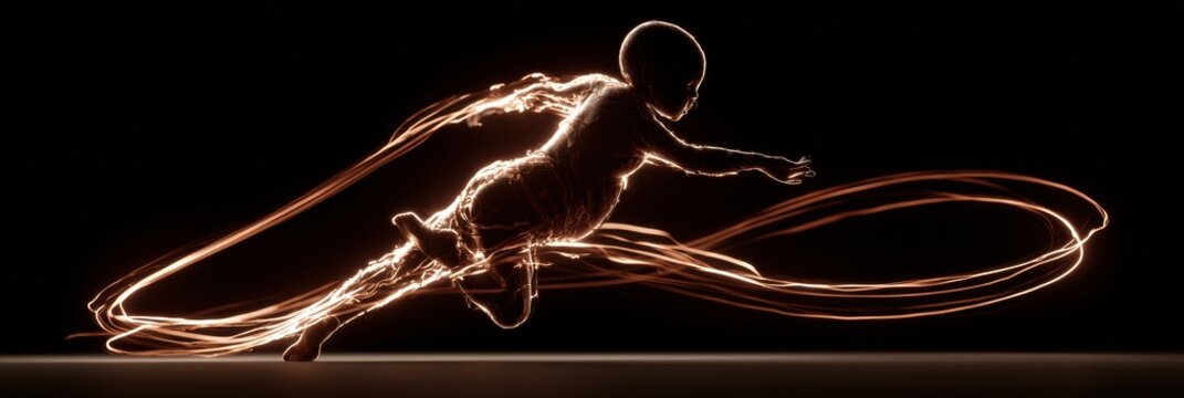 Fetus at 30 weeks is in active movement with one arm extended and glowing fluid trails. Dark background enhances the striking visual.