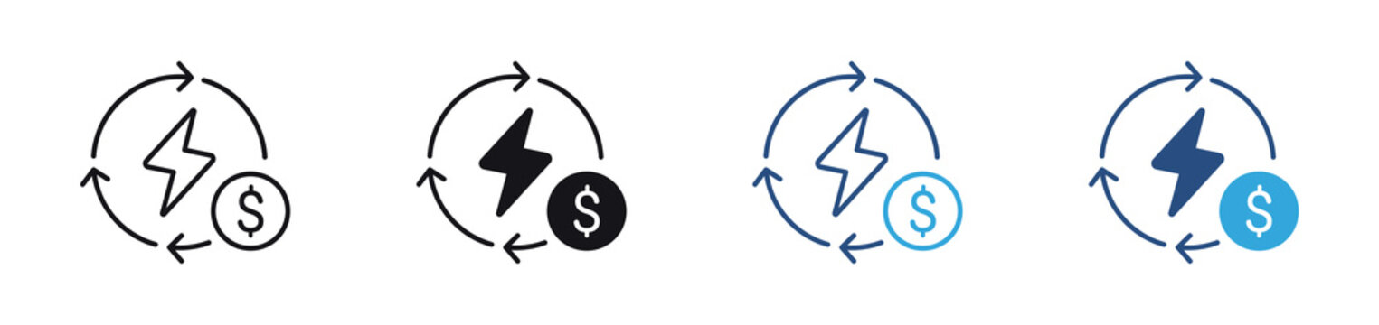 Energy Exchange icon set. lightning bolt with circular arrows and dollar symbol icons. renewable energy trading and power management concept. vector illustration.