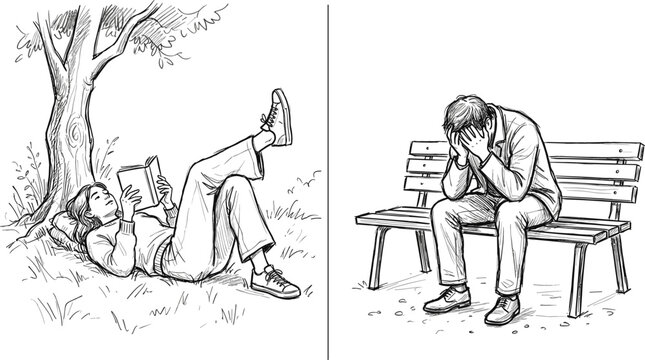 Hand drawn comparison of relaxed woman reading under tree and depressed man sitting on bench monochrome vector illustration set