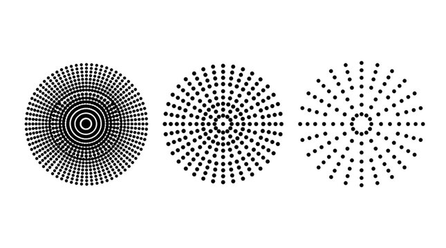 Arrows dotted radial pattern icon set with concentric circles and target-like dots for geometric background design