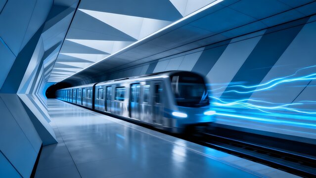 Subway train in futuristic tunnel