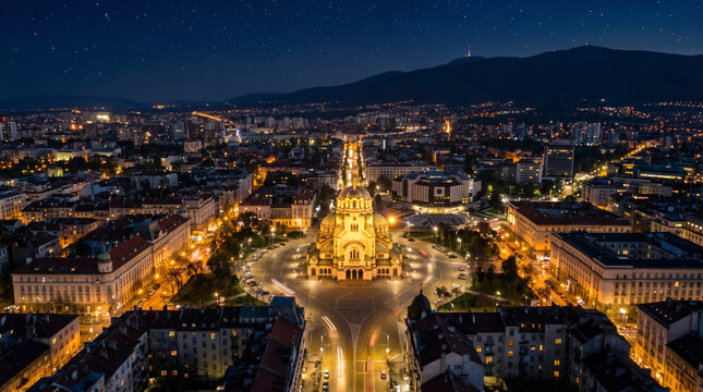 Aerial view of Alexander Nevsky Cathedral and Sofia city center at night.