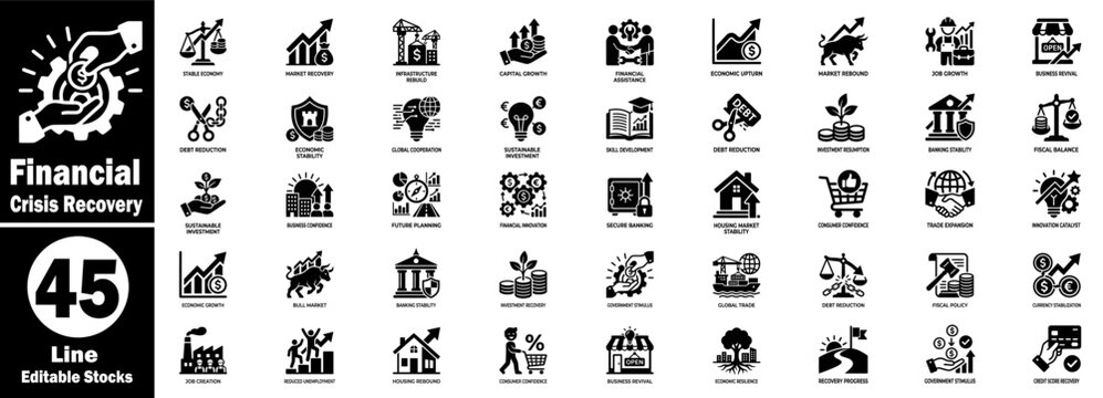 Financial crisis recovery solid icons set for economic upturn symbols.