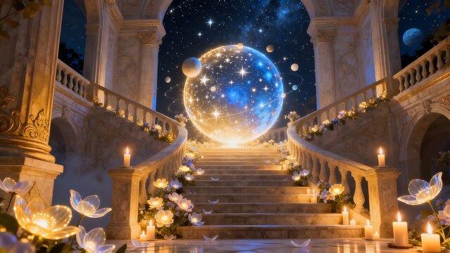 Staircase with glowing orb and celestial sky