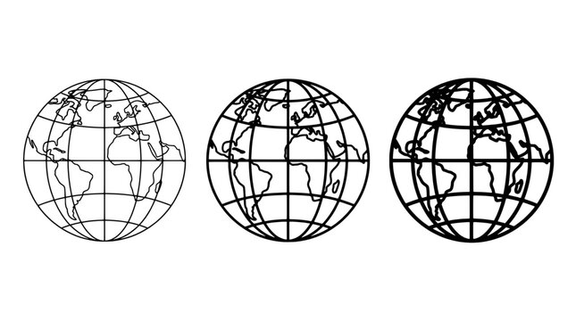 Globe world map icon in black line art style with continents grids for education and infographic design