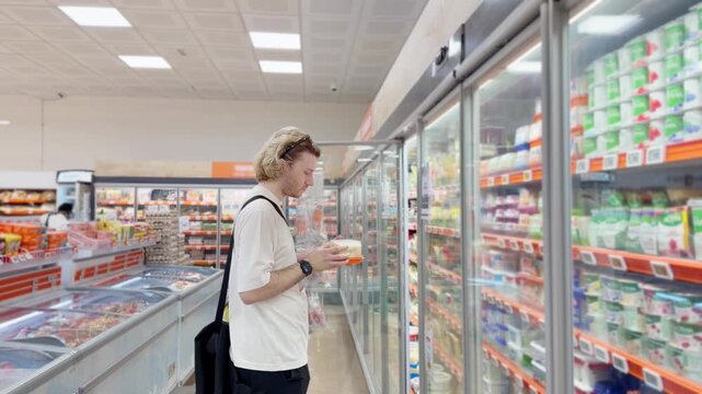 Young man shopping in supermarket, reading product information	
