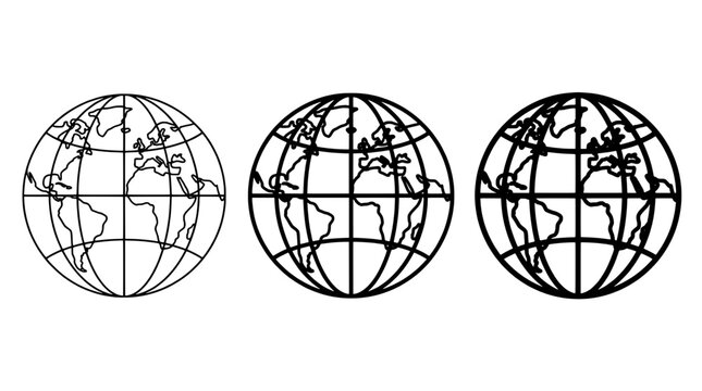 Globe world map icons in monochrome line art style with latitude longitude grid and continents for education