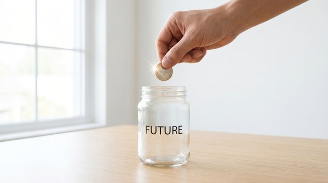 A hand places a coin into a jar labeled "FUTURE," symbolizing saving money or investing for future goals.