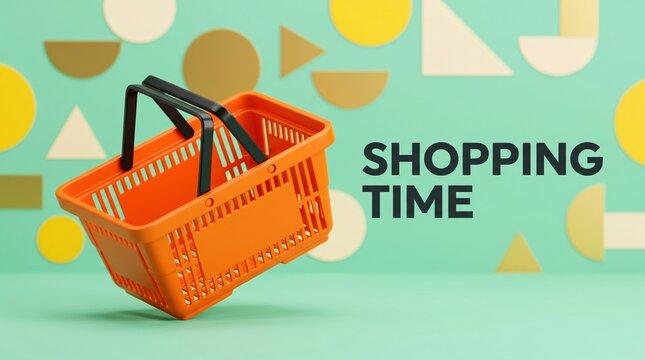 Bright orange shopping basket with geometric shapes background shopping handheld container consumer purchase
