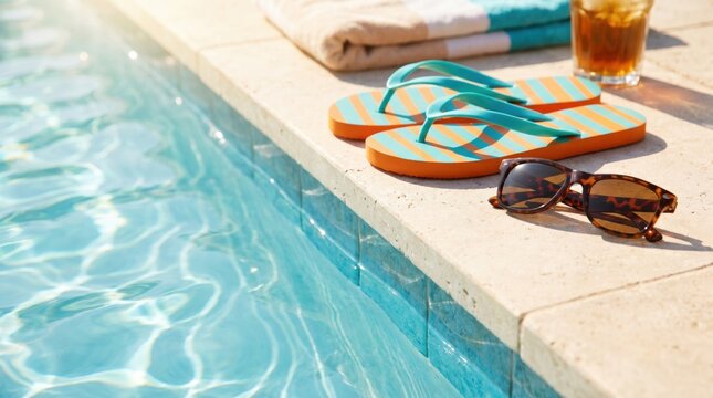 Flip-flops, sunglasses, and a drink beside a sunlit swimming pool, evoking a relaxed summer vibe.