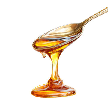 A close-up illustration depicts liquid amber dripping from a golden spoon against a solid black background. The viscosity is apparent