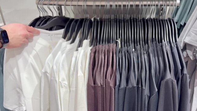 Clothes store in shopping mall.Blurred store aisle with hanging clothing racks