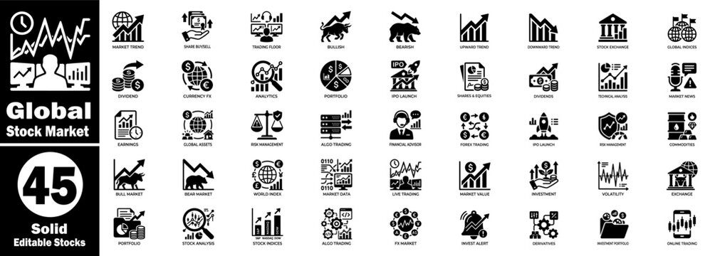 Global stock market solid black glyph icons set, financial trading, and more vector illustration.