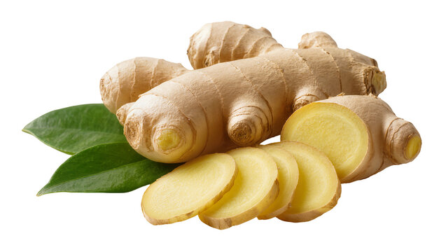 Whole and sliced ginger root with green leaves, isolated on transparent background