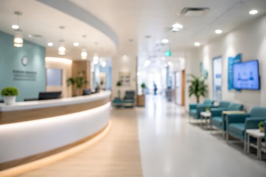 Medical clinic reception lobby waiting room blurred background hospital interior modern healthcare facility professional doctor office architecture