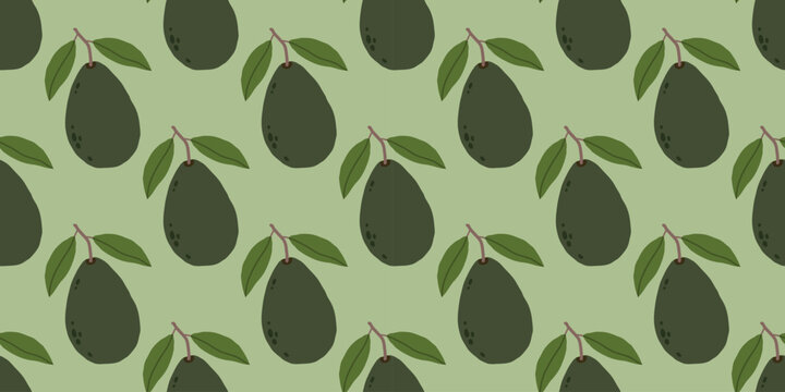 Seamless pattern with dark green avocados on branches with leaves. Hand drawn botanical vector illustration for organic food packaging, kitchen textiles, and healthy lifestyle decor