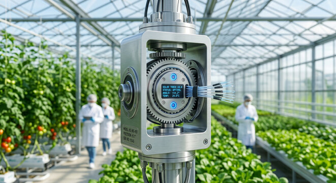 Automated greenhouse system with advanced sensor technology monitoring plant growth and environmental conditions.