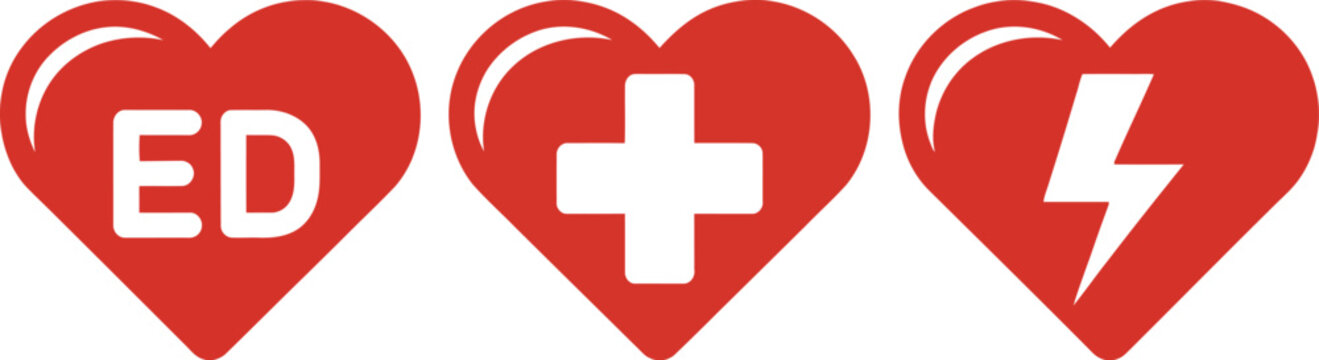 First aid symbol set, medical emergency icons featuring AED cross and defibrillator symbols for healthcare safety and rescue design projects.