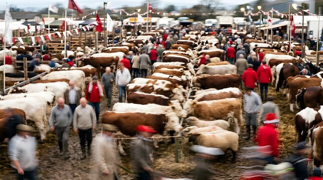 A crowd of sheep is walking through the market street past people and a food shop in nature
