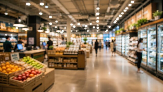 Supermarket grocery store blurred background interior aisle fruits vegetables produce shop department retail shopping business marketplace