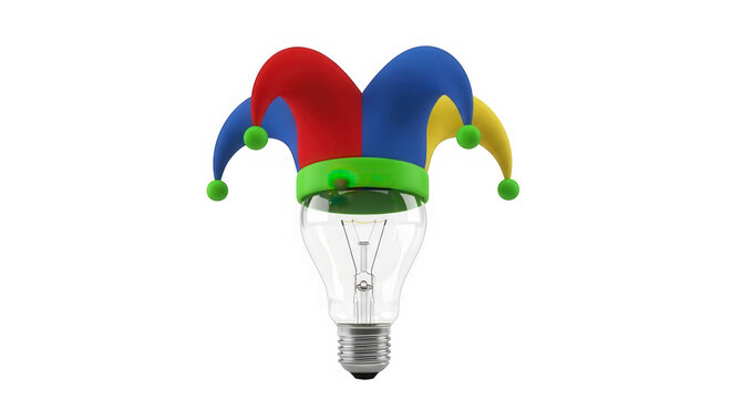 A light bulb wearing a colorful jester hat for creative ideas isolated on transparent background