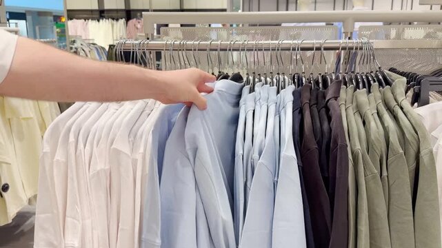 Clothes store in shopping mall.Blurred store aisle with hanging clothing racks