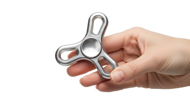 Silver metal fidget spinner held in hand isolated on white background