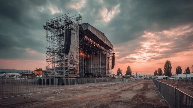 Empty concert stage with scaffolding and dramatic sky at sunset, ready for an outdoor music festival event