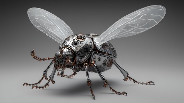 A futuristic mechanical fly with intricate designs and metallic textures. This innovative insect represents the fusion of nature and technology.
