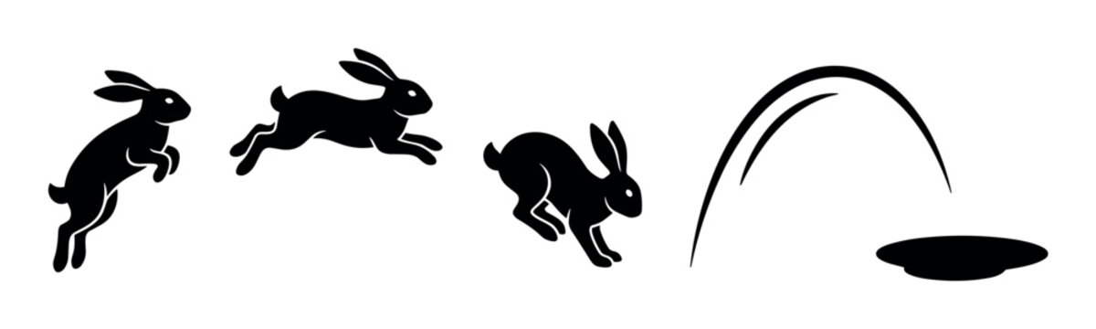 Three black rabbits jumping in a dynamic sequence illustrating movement and agility, captured in a simple, stylized graphic icon for various design applications.
