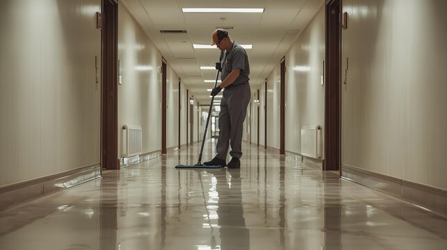 Professional cleaner meticulously mopping a shiny, reflective hallway in a modern facility