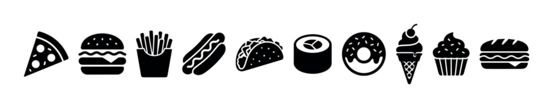 Delicious fast food and dessert icons collection featuring popular snacks like pizza, burgers, fries, hot dogs, tacos, sushi, donuts, ice cream, and cupcakes.