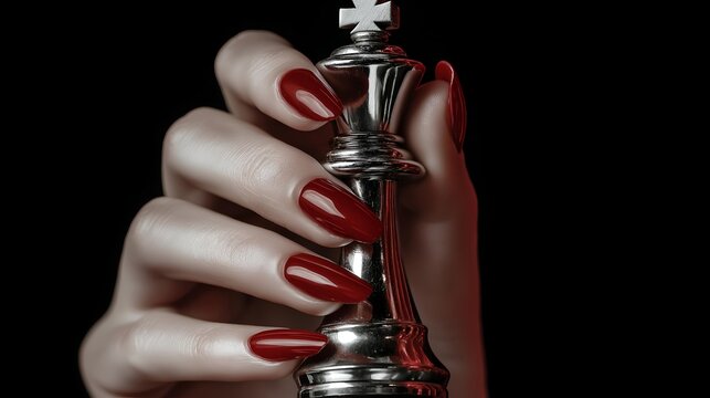 A hand with striking red nails elegantly holds a shiny silver chess king piece, symbolizing power, strategy, and elegance against a dark background.
