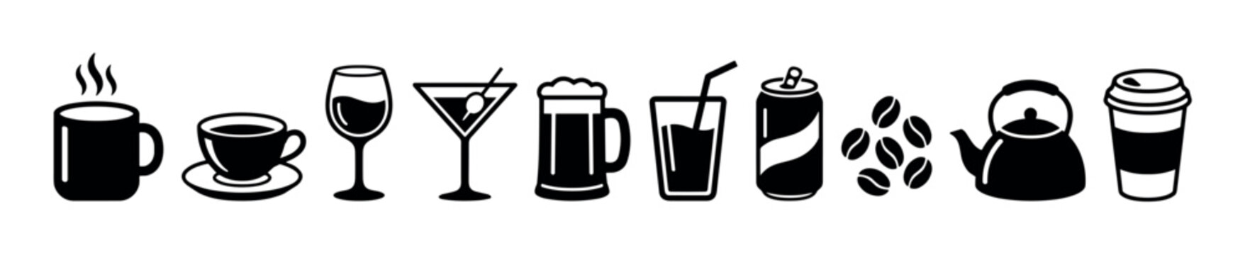 Beverage drink icons collection set featuring various popular refreshments including coffee, tea, wine, beer, and cocktails, perfect for menus or web design elements.