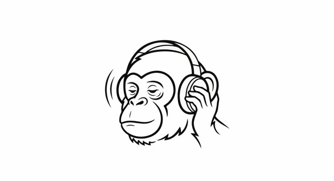A black and white line drawing of a monkey wearing headphones and enjoying music (1)