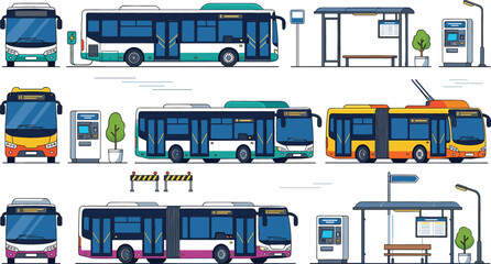 Modern city bus and public transport station collection with urban transit vehicles vector illustration set © Jahangir