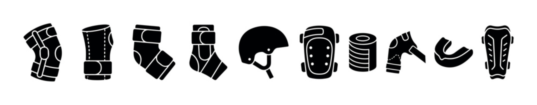 Protective gear for extreme sports and activities is essential for safety, featuring a collection of helmets, knee pads, elbow pads, and wrist guards in a clean, graphic style.
