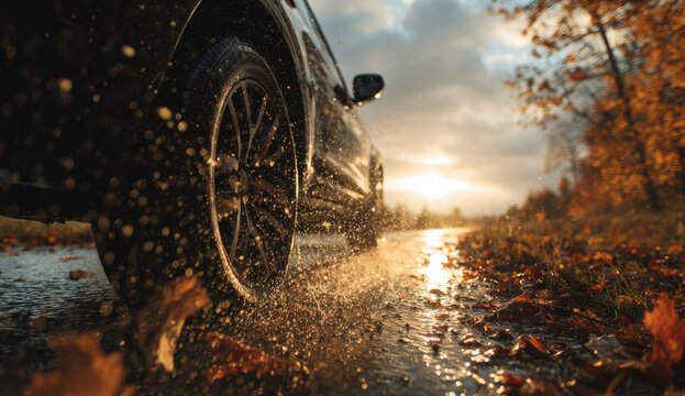 Black car driving on wet autumn road surrounded by vibrant fallen leaves with setting sun in background