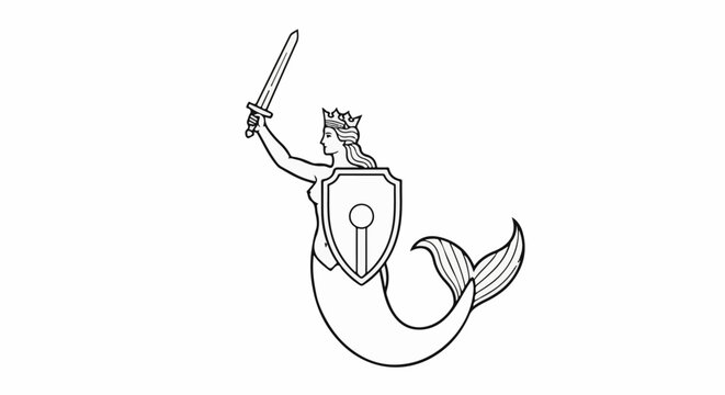 A regal mermaid figure with a sword and shield, drawn in outline