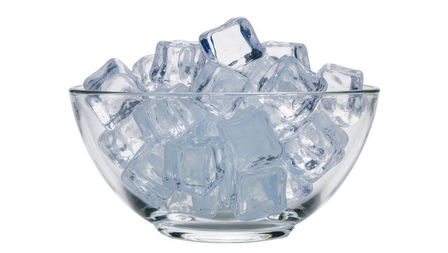 Clear glass bowl filled with many clear ice cubes, isolated on transparent background