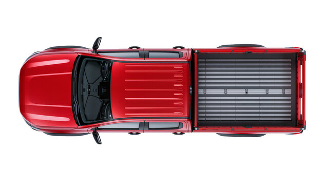 Shiny red pickup truck with black interior and bed cover, isolated on transparent background