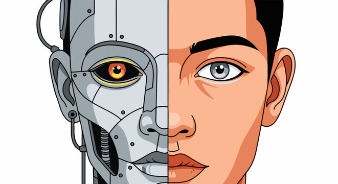 A split face shows one half robotic, the other half human